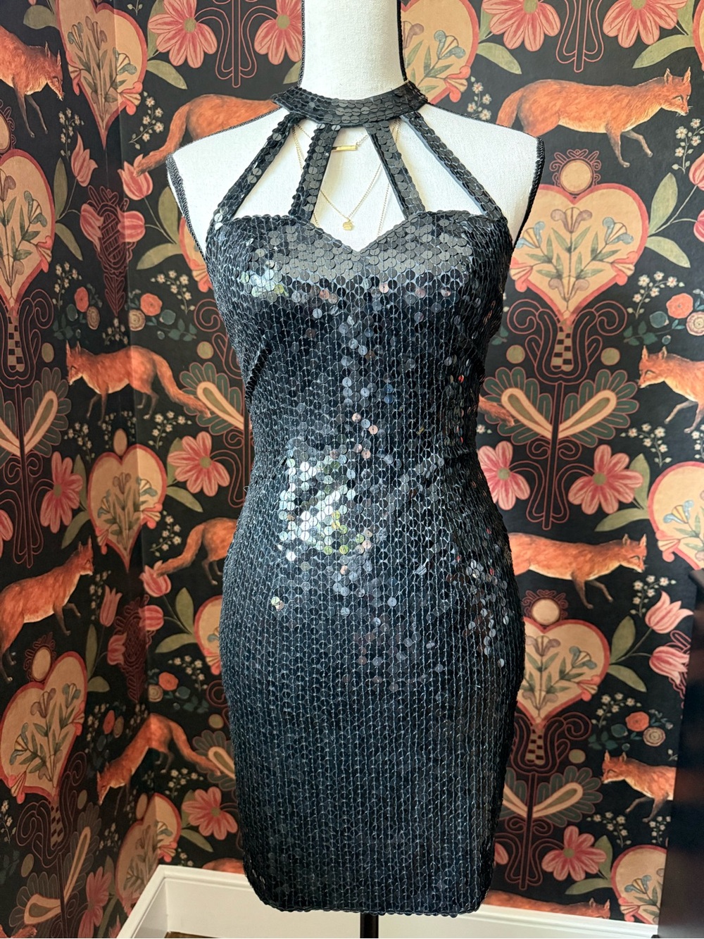 Vintage Y2K Niteline Della Roufogali Black Sequin Halter Dress Size 2 S Party